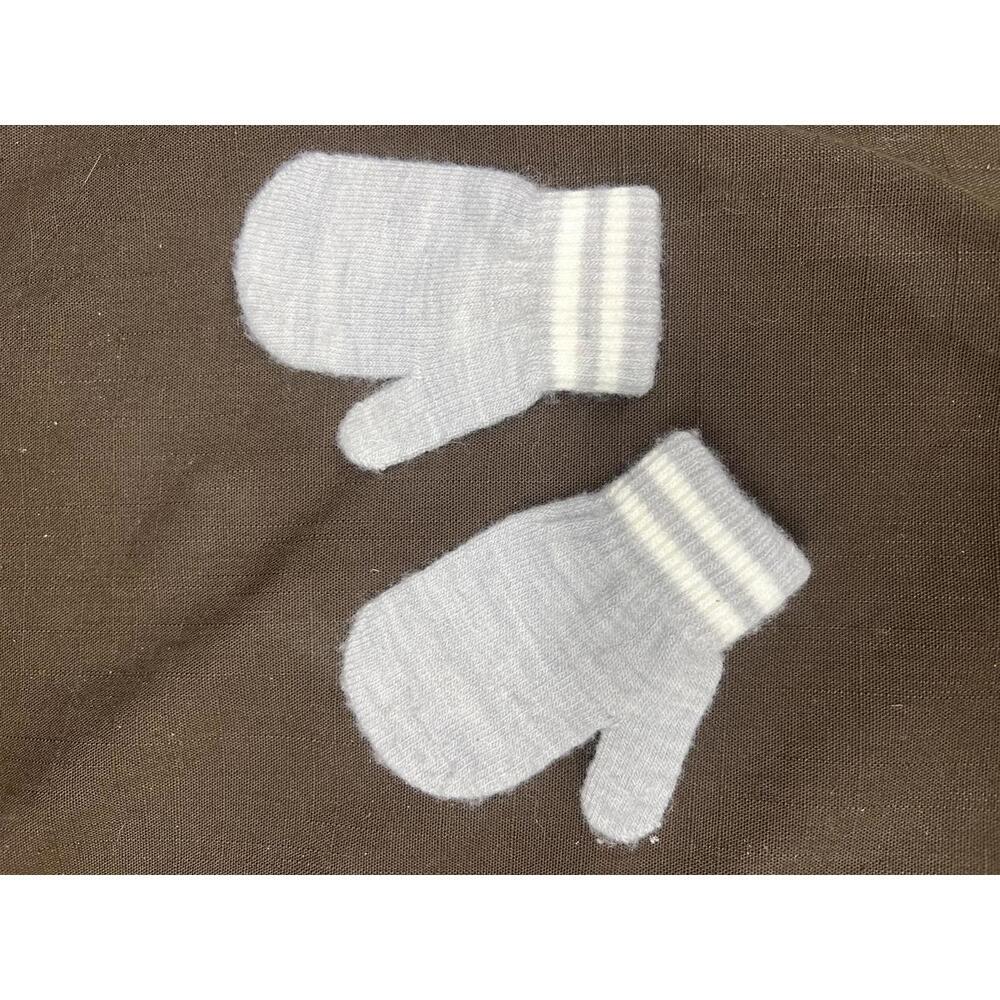 Light Gray Knit Baby Mittens with White Stripes